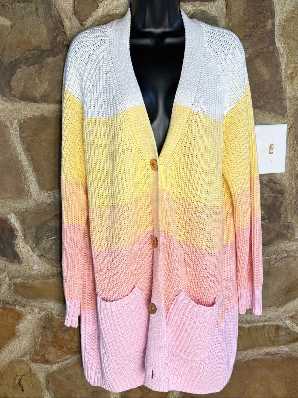 Woman Within Cozy Gradient Knit Cardigan Sweater - Yellow & Pink- Coatigan